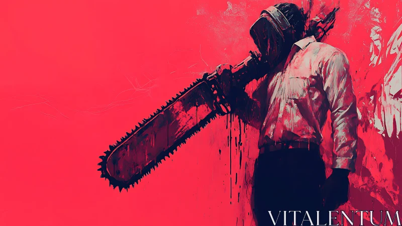 Chainsaw-wielding figure rendered in high-contrast red negative space