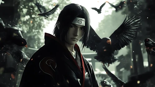 Stoic shinobi stands among swirling crows in misty shrine