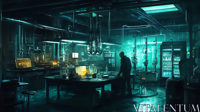 Midnight scientist in a neon-lit futuristic lab scene.