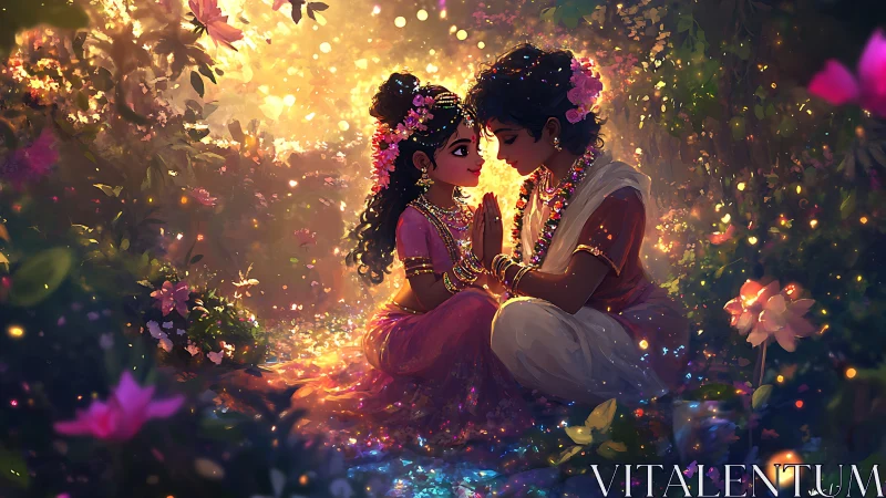 Two souls dance in golden light and blossoms