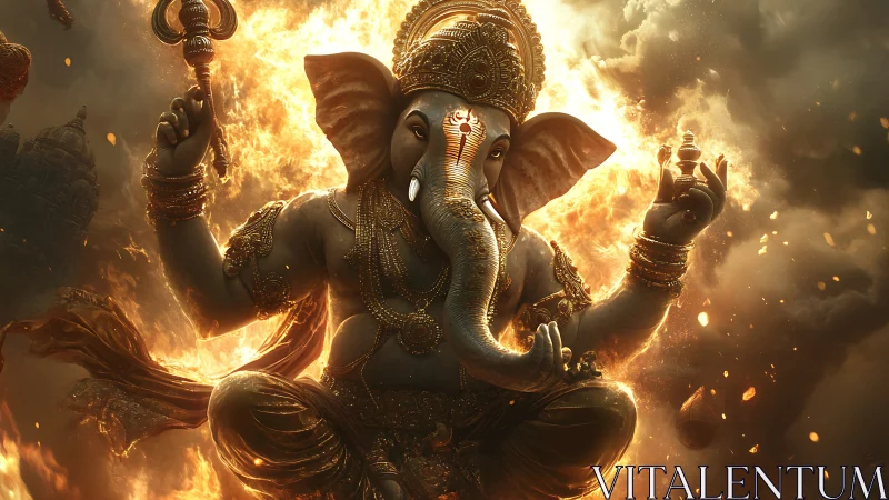 Flame-lit elephant-headed deity in dynamic celestial suspension.