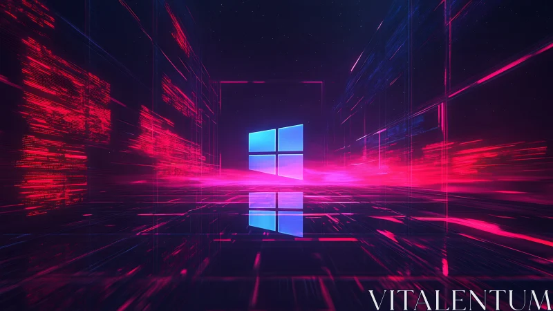 Neon data corridor frames luminous window logo with reflective floor