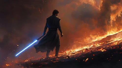 Lone warrior with blue energy blade on burning wasteland.