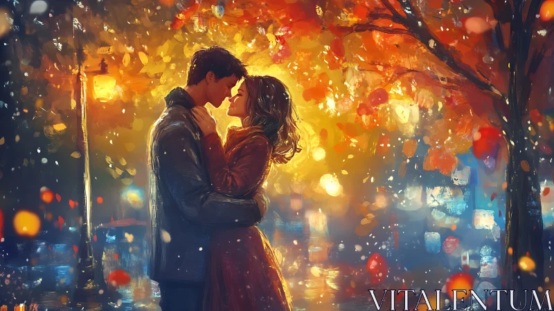 Romantic Couple Embracing in Golden Autumn Leaves