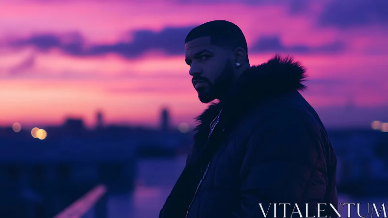 Quiet city rooftop moment under a dreamy purple sunset.