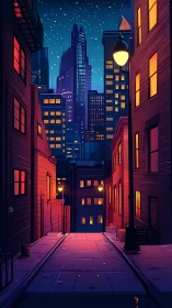 Urban night alley with illuminated windows and skyline.