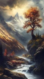 Mountain valley with autumn tree, river and distant peaks.