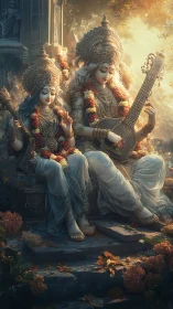 Divine goddesses in floral garlands under radiant temple light.