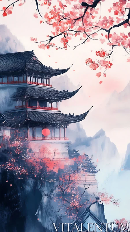 Multi-tiered hillside pagoda with cherry blossoms in fog.