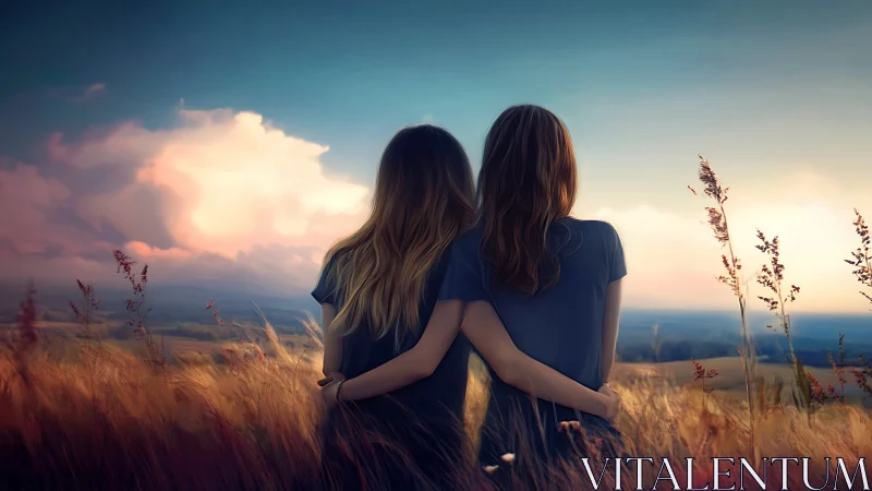 Two Women Embracing in Sunset Field, Dreamy Artistic Style.