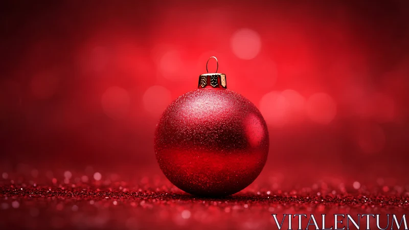 Red glittered Christmas ornament rests on reflective surface
