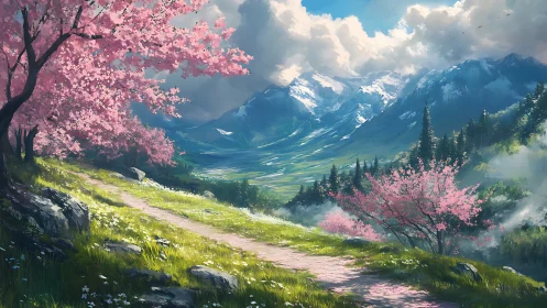 Sunlit cherry blossom path leading toward quiet mountain peaks.