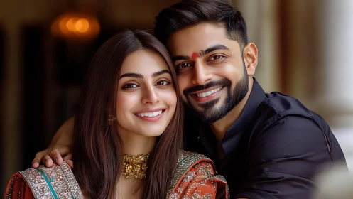 Smiling couple in traditional attire share a warm embrace.