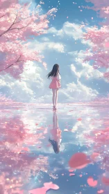 Girl stands on reflective water under pink cherry blossoms