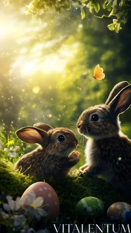 Baby rabbits share Easter eggs in glowing forest light