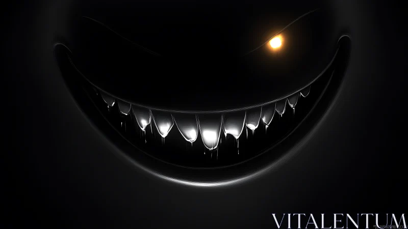 Sinister glowing smile reveals sharp metallic teeth in dark