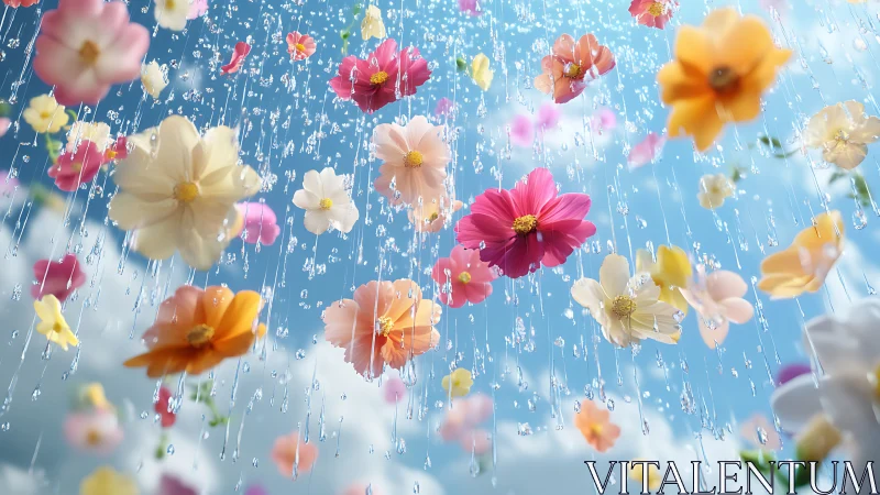 Petals Cascade Through Rain-Streaked Skies.