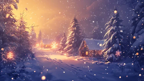 Snow covered cabin glows with winter lights at dusk