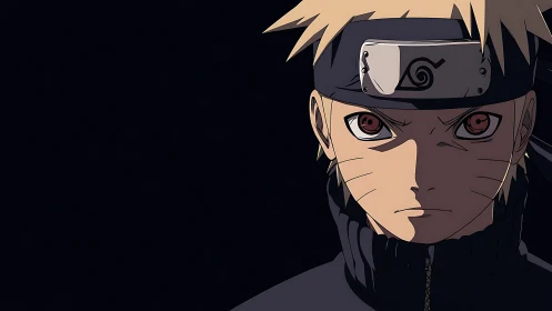 Intense anime ninja portrait framed by dramatic shadows.