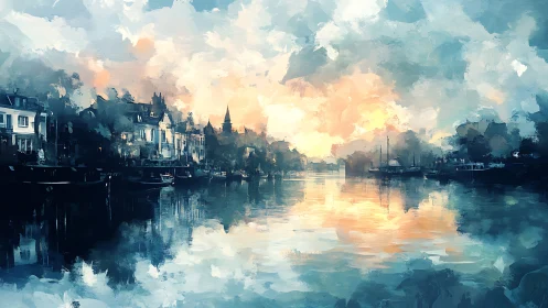 Sunlit canal cityscape reflects in tranquil painted waters.