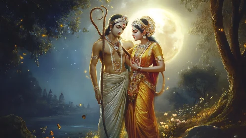 Moonlit divine couple shares a gentle walk through the forest
