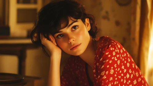 Soft evening daydreams with a thoughtful woman in red.