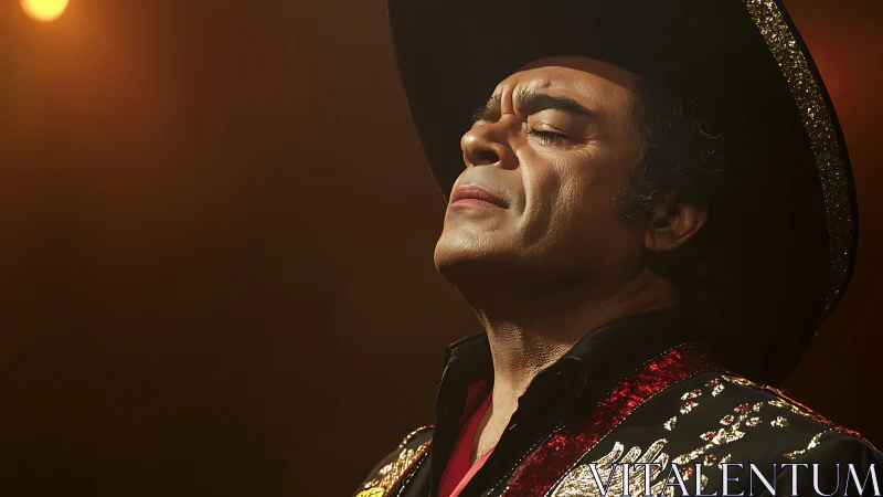 Studio close-up portrait of male singer in sequined costume