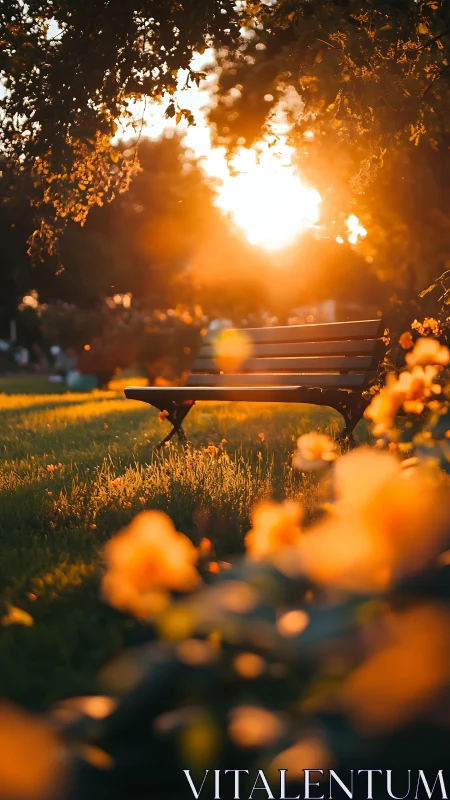 Golden hour park bench with bokeh-rich floral foreground framing.
