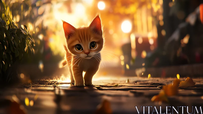 Kitten standing alone on wet urban street at golden hour