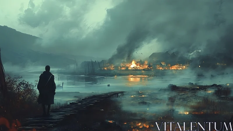 Lone wanderer observes burning lakeside village under smoke