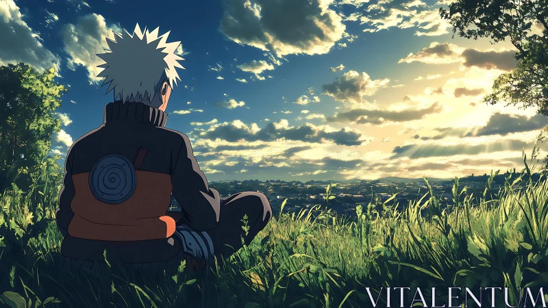 Backlit anime figure observes expansive grassland valley at sunset