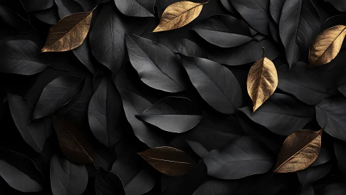 Gold and black leaves forming a contrasting flat lay pattern.