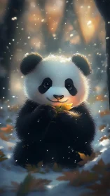 Young panda holding leaf in soft snowy forest light.