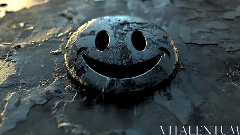 Smiley face emblem on textured wet dark surface.