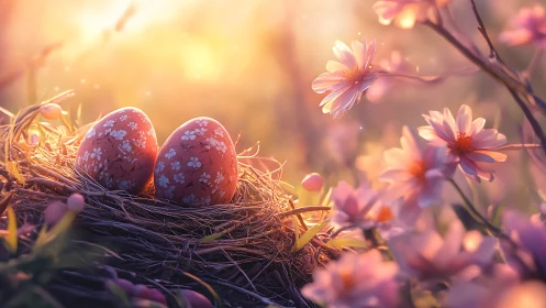 Decorative eggs in nest amid pink flowers at sunrise.