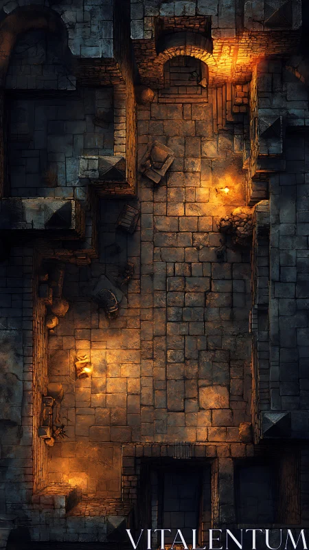 Torchlit Medieval Dungeon Chamber Overhead View.