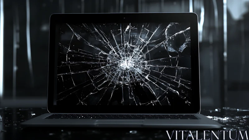 Laptop with severely shattered screen in dark studio.