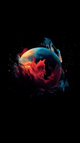 Digital sphere with contrasting fluid color fields on black