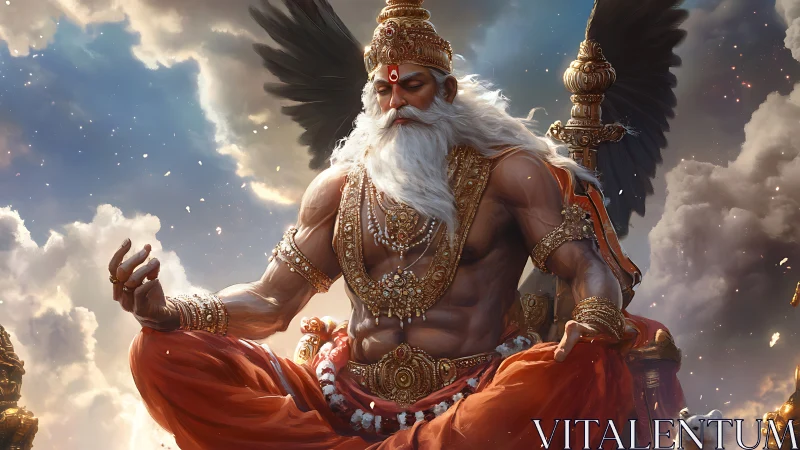 Winged sage in radiant meditation above rolling clouds.