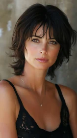 Brunette woman portrait under soft natural daylight glow.