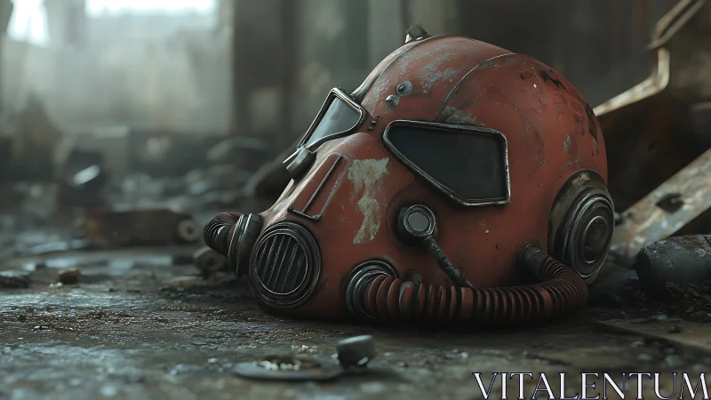 Rust-worn red gas mask helmet in abandoned industrial ruin.