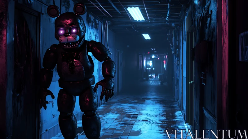 Neon-eyed animatronic stalks a flooded midnight hallway.