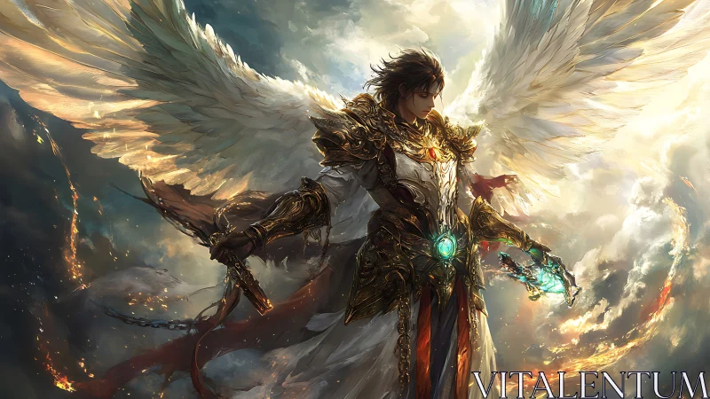 Radiant winged guardian poised in glowing stormy skies.