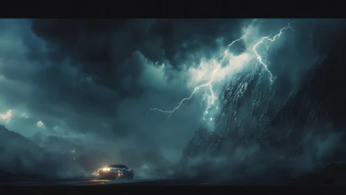 Car travels on wet road under lightning near steep mountain