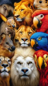Vibrant wildlife portrait with lions and tropical parrots.