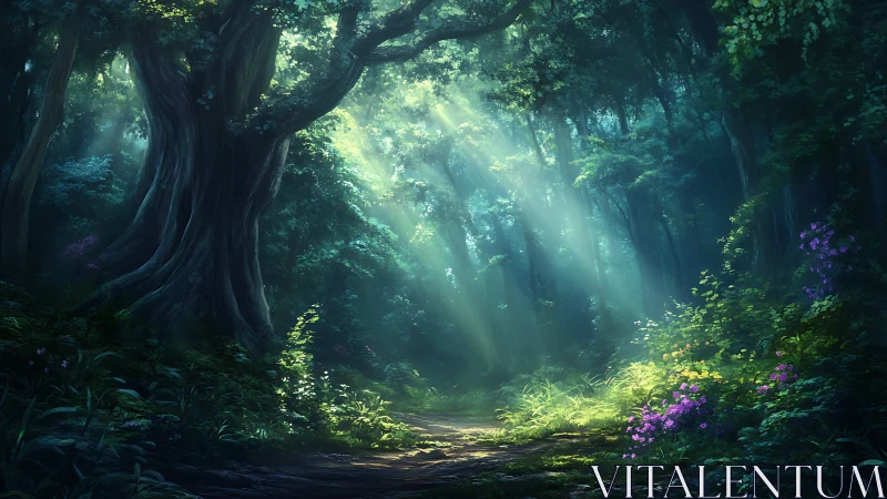 Enchanted Forest Pathway with Divine Light Rays.
