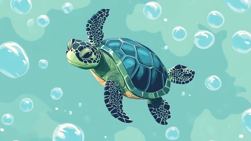 Sea turtle illustration with stylized shell and bubbles.