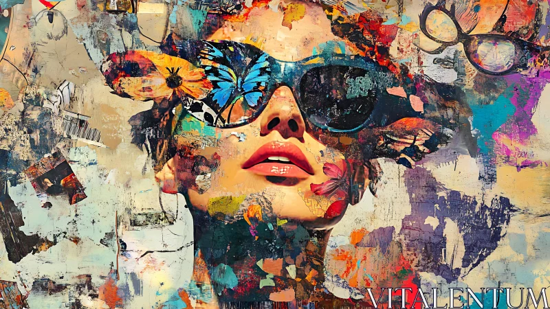 Stylized female portrait with sunglasses in vivid collage.