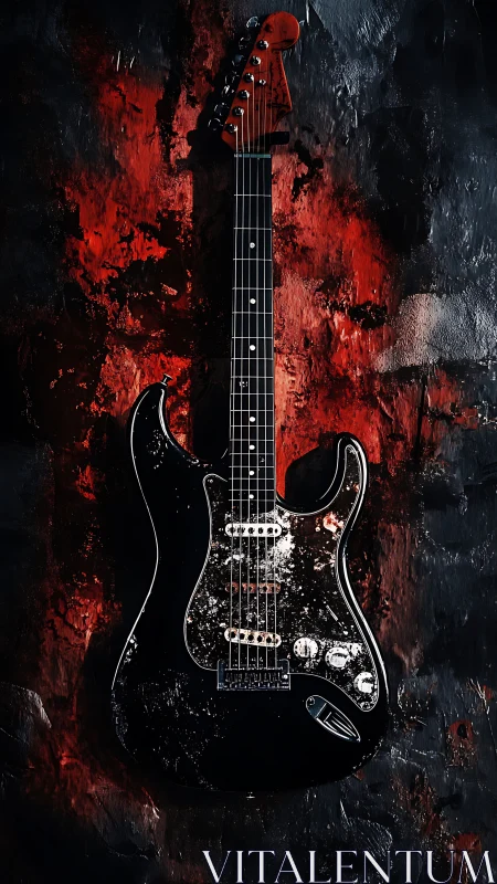 Electric guitar with worn finish against textured backdrop.