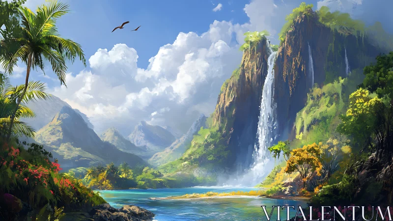 Tropical Landscape with Cascading Waterfall and Mountain Valley